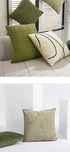 Close-up of pleated texture on green and beige decorative sofa cushions in a living room