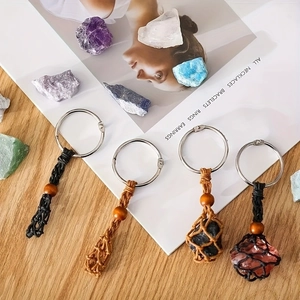 Lot de 4 porte-clés tressés à la main avec cristaux bruts et perles en bois sur bois