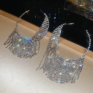 Detailed view of silver crystal tassel earrings with sparkling rhinestone fringe cascades