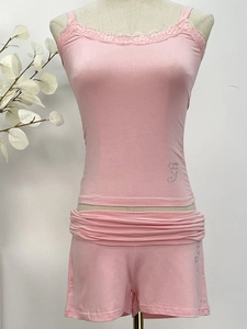 Pink modal camisole and shorts sleepwear set with lace trim and rhinestone G detail