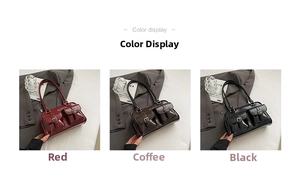 Three premium PU leather shoulder bags in red, brown, and black with twin front pockets