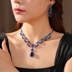 Luxury zircon flower waterdrop jewelry set with blue pear-cut necklace and drop earrings