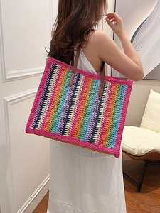 Women Rainbow Striped Straw Woven Tote Bag Large Capacity Bohemian Beach Vacation Handbag With Faux Leather Handles
