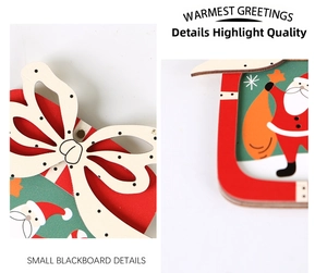 Détail du tableau de Noël en bois avec impression UV du Père Noël et décoration nœud