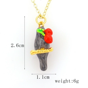 Gray bird pendant with red cherry detail and dimensions of 2.6cm by 1.1cm