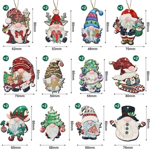 Detailed size chart showing 12 styles of wooden Christmas gnomes with 80mm height dimensions