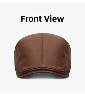Vue de face montrant le cuir marron grainé et la texture de la casquette plate
