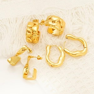 Three pairs of irregular gold titanium steel earrings with S925 silver needles