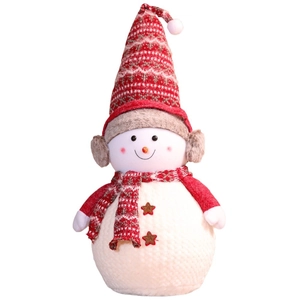 Large Christmas snowman plush doll with striped knit hat and red scarf decoration
