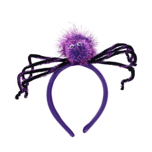 Purple and black fuzzy spider headband for Halloween party hair styling and fun decoration