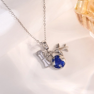 Detailed macro view of travel theme silver charms featuring an airplane and blue globe