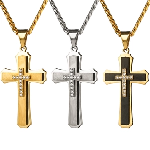 Three-layer stainless steel cross pendant necklaces with cubic zirconia in gold, silver, and black