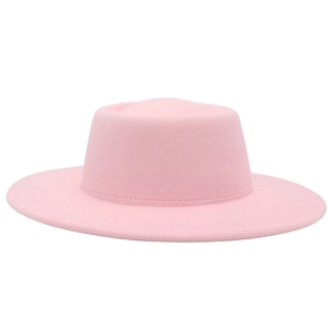 Close-up of a pink wool felt boater hat featuring a flat top and wide brim against a white background