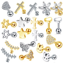 Various stainless steel ear studs featuring star, heart and butterfly shapes in gold
