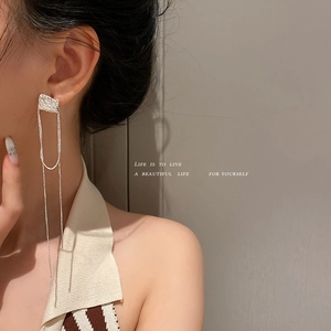 Boucles d'oreilles longues à pampilles argentées étincelantes portées par un mannequin