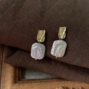 Vintage style 14K gold plated earrings with irregular Baroque freshwater pearls