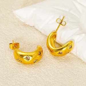 Golden chunky C-shape stainless steel earrings with diamond pattern and crystal inlay
