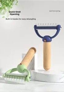 Pet de-matting comb with curved steel blades and natural wooden handle on marble base