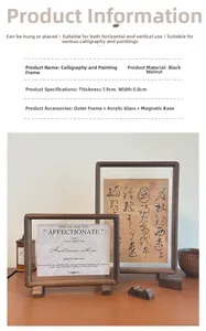 Detail of walnut wood double-sided magnetic photo frame with solid base and glass