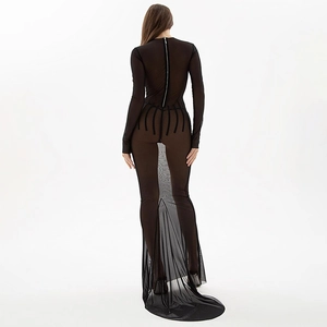 Robe longue sexy moulante noire en tulle avec manches longues et fermeture éclair