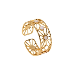 Adjustable gold geometric hollow ring with sunburst pattern and white inlay accents