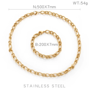 Flat lay of 7mm golden snake link chain necklace and bracelet set with size specifications