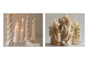 Artistic sun goddess scented candle featuring complex wave folds and geometric textures