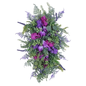 Vibrant purple tulip wreath with lavender and hydrangea for spring home wall decoration