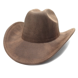 Detailed view of dark brown woven cowboy hat with breathable mesh and curved brim