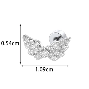 Silver angel wing stud earrings with pavé zircon and size details: 0.54cm by 1.09cm