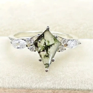 Vintage Moosachat Ring Für Frauen Rhombus Drachenform Kupfer Mit Zirkon Inlay Retro Minimalistisch Naturtextur Fingerschmuck