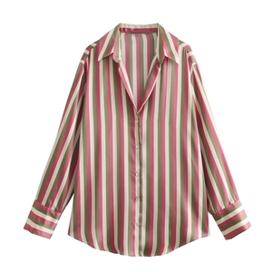 Pink and green striped satin long sleeve shirt with a classic button-down collar