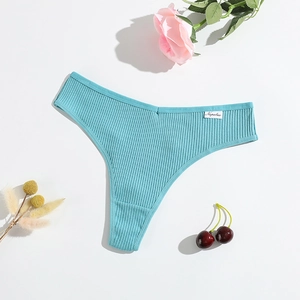 Flat lay of lake blue ribbed cotton thong with decorative flowers and cherries