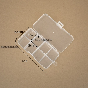 Macro view of 10-compartment clear PP storage box with dimensions 12.8 x 6.5 x 2.2 cm