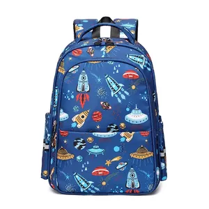 Blue elementary school backpack with space rocket print and ergonomic waterproof design