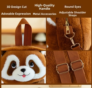 Detailed views of raccoon plush bag featuring metal hardware and adjustable straps