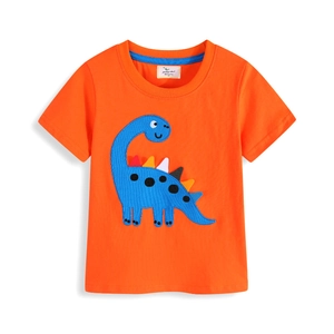 Vibrant orange cotton boy's T-shirt featuring a colorful dinosaur applique embroidery