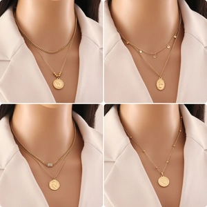 Stainless Steel Necklace Layered Coin Pendant Portrait Relief Retro Gold Plated Jewelry For Women
