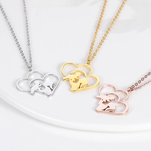 Polished stainless steel mother and child heart pendant necklaces in gold silver and rose gold