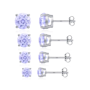 Set of four S925 sterling silver stud earrings with lavender cubic zirconia in various sizes