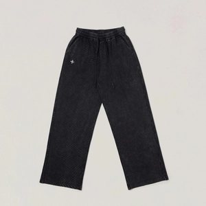 Retro washed grey corduroy wide-leg sweatpants with drawstring waist and cross pattern