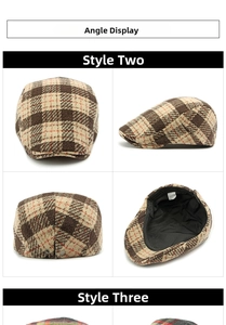 Detailed angle display of a vintage plaid wool flat cap with classic check pattern