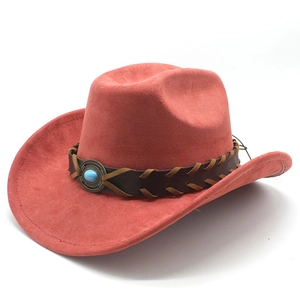 Detail of red-pink suede cowboy hat featuring woven leather band and turquoise stone