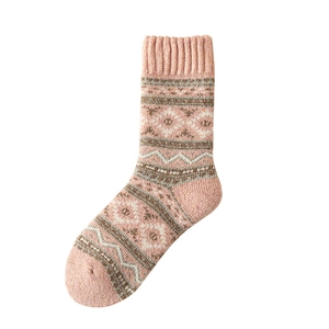 Thick wool blend winter socks with pink base and geometric patterns on white background