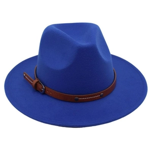 Detail of royal blue wool fedora hat featuring a brown leather belt with silver buckle