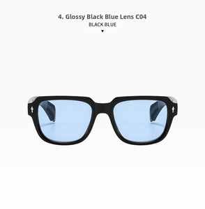 Detail of square vintage sunglasses with black frame, blue lenses and metal studs
