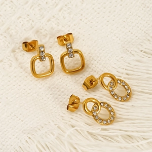 Geometric Ear Studs 304 Stainless Steel 18K Gold Plated Zircon Double Ring Waterproof Hypoallergenic Jewelry For Women