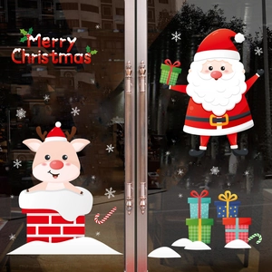 Detailed Christmas glass door stickers featuring Santa, reindeer, and Merry Christmas text