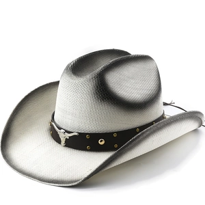Western Cowboyhut Retro Geflochtenes Papierstroh Stierkopf Dekor Sonnenschutz Breite Krempe Outdoor Ritter Stil Männer Frauen