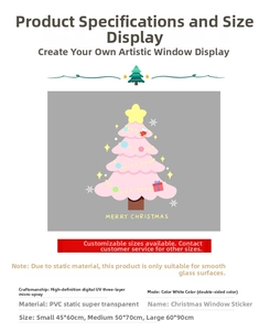 Detailed specs of pink Christmas tree window stickers with UV printing and PVC material